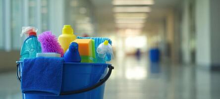 The cleaning supplies arranged in a blue bucket for efficient household maintenance. photo