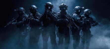 The elite team of soldiers ready for action in a dramatic atmosphere. photo
