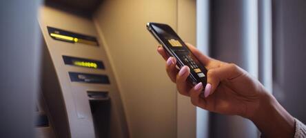 The smartphone user interacting with an ATM for digital transactions. photo