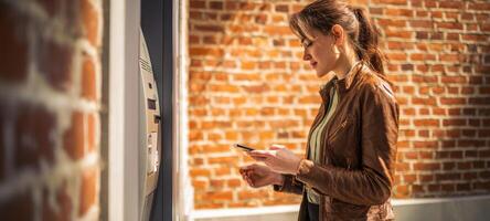 The woman using a smartphone at a modern payment kiosk in an urban setting. photo