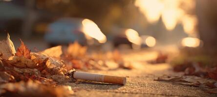 The cigarette rests on a street surrounded by autumn leaves and warm sunlight. photo