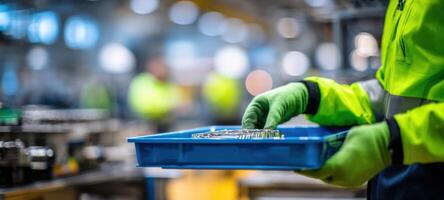 The worker holding a blue tray with components in a manufacturing facility. photo
