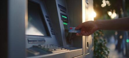 The ATM machine being used for a transaction in an urban setting. photo
