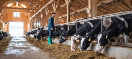 The Farmer Overseeing Cows in a Modern Dairy Barn photo