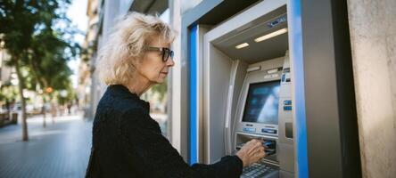 The older woman using an ATM in a vibrant urban setting. photo