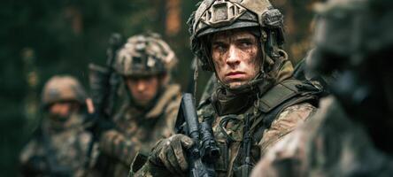 The soldier in focus amidst a tense military training exercise in the forest. photo