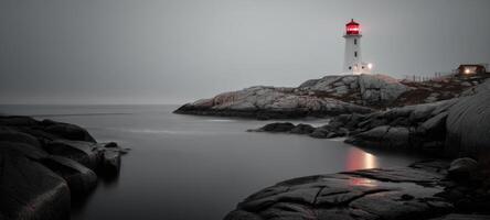 The iconic lighthouse standing tall amidst the serene foggy coastal landscape. photo