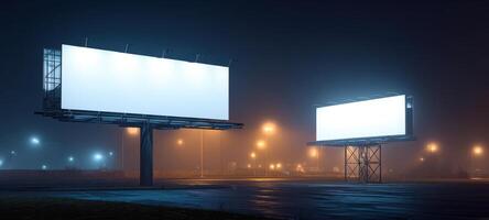 The billboards illuminated in a foggy urban landscape at night. photo