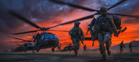 The soldiers deploy as helicopters take off against a stunning sunset backdrop. photo