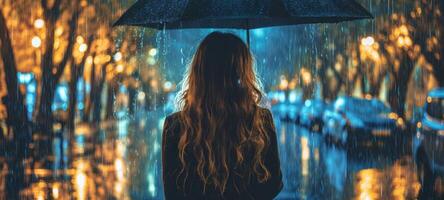 The woman holding an umbrella under the rain in a glowing city street. photo