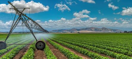 The irrigation system enhancing growth in lush green farmland under a blue sky. photo