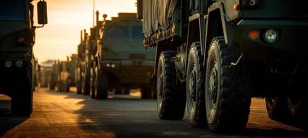 The convoy of armored military vehicles under a stunning sunset. photo