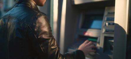 The person using an ATM in an urban setting at sunset. photo