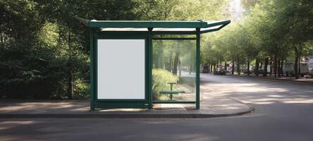 The empty bus stop surrounded by lush green trees in a serene urban setting. photo