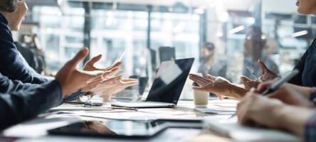The dynamic meeting capturing teamwork and collaboration in a modern office setting. photo