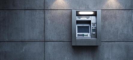 The automated teller machine mounted on a concrete wall with stylish illumination. photo