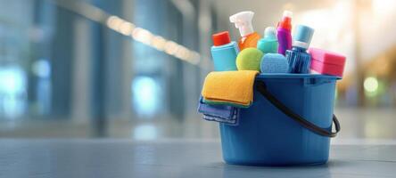 The blue cleaning bucket filled with colorful supplies and tools for home maintenance. photo