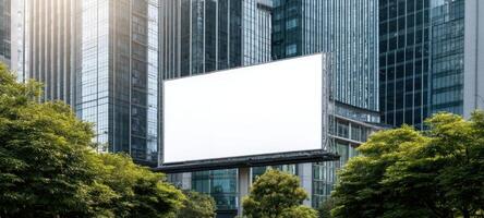 The blank billboard surrounded by modern skyscrapers and lush greenery photo