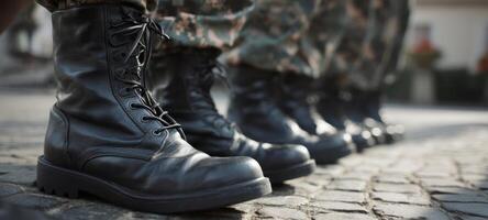 The soldier's boots lined up in formation on a cobblestone street. photo