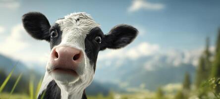 The curious cow with a captivating expression in a scenic countryside setting. photo