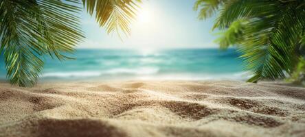 The serene beach scene with sunlit waves and lush palm branches. photo