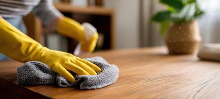 The person cleaning a wooden table with a soft cloth and spray. photo