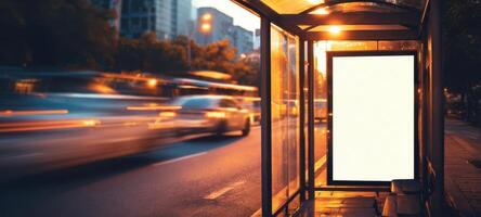 The bus stop illuminated by sunset with blurred cars passing by. photo