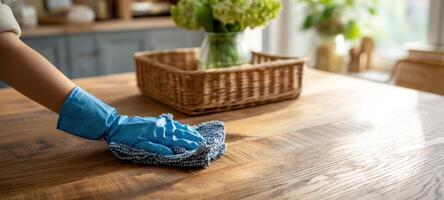 The person cleaning a wooden table with a blue cloth and gloves in a bright kitchen. photo