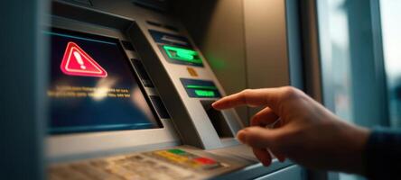 The ATM displaying a warning message during a financial transaction. photo