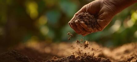 The hand gently releasing soil into the earth for nurturing plants. photo