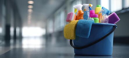 The vibrant bucket filled with assorted cleaning supplies in a commercial space. photo