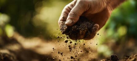 The hand gently sifting rich soil in a vibrant garden setting. photo