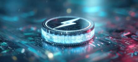 The cryptocurrency coin illuminating a digital circuit board background. photo