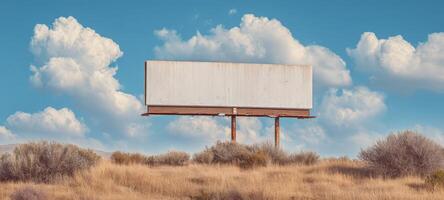 The empty billboard standing alone in a vast and serene landscape. photo