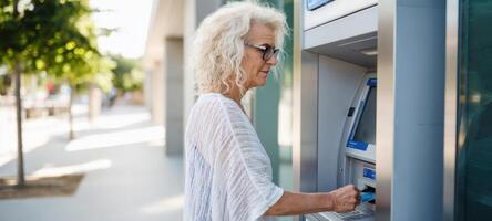 The elderly woman using an ATM in a sunny urban environment. photo