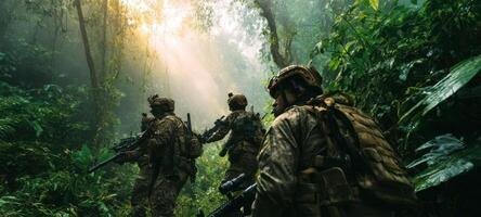The soldiers advancing through a lush jungle in a tactical military operation. photo