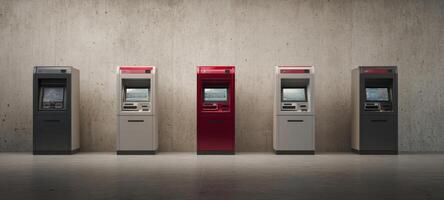 The modern bank ATMs lined up in a contemporary urban setting. photo