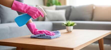 The person cleaning a table with a spray bottle and cloth in a cozy living room. photo
