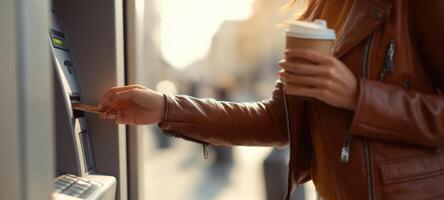 The woman using an ATM while enjoying a coffee in a city setting. photo