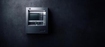 The modern ATM machine against a minimalist dark background. photo