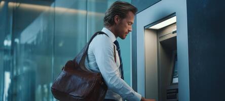 The businessman using an ATM in a modern office environment. photo