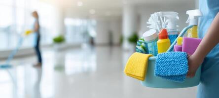 The cleaning supplies ready for professional maintenance in a bright interior setting. photo