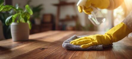 The focused hand cleaning a wooden table with a spray and cloth. photo