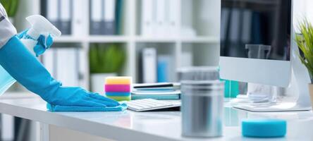 The cleaner sanitizes an office workspace for a healthier environment. photo