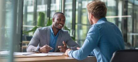 The business meeting between two professionals discussing strategies and ideas. photo