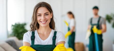 The smiling woman in gloves ready for a cleaning task with colleagues. photo