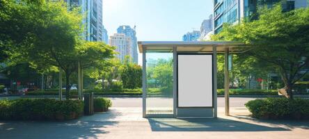 The Bus Stop Surrounded by Urban Greenery and Modern Buildings photo
