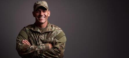 The confident soldier in military uniform showcasing pride and resilience. photo