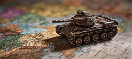 The model tank positioned on an antique map showcasing detailed geography. photo