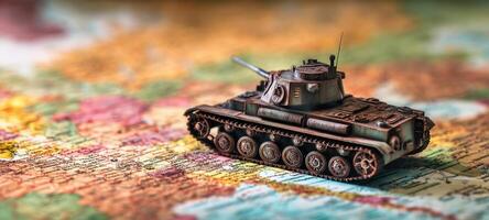 The miniature tank positioned on a colorful world map showcasing exploration and strategy. photo